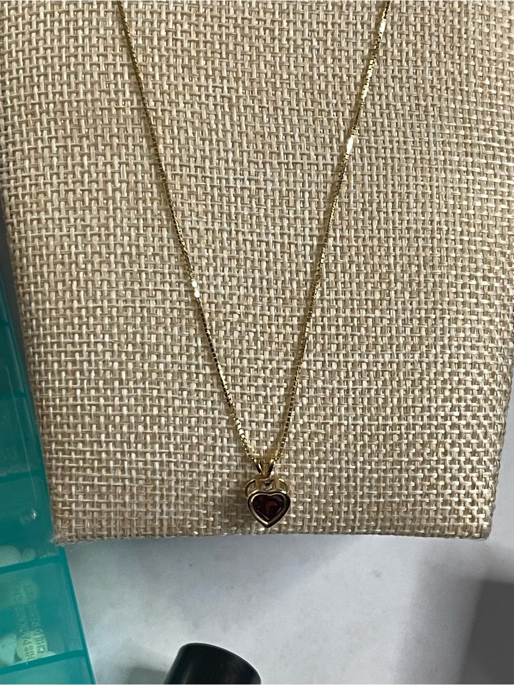New no tag 14k gold necklace with red ruby heart, 21”, stamped 585 14k